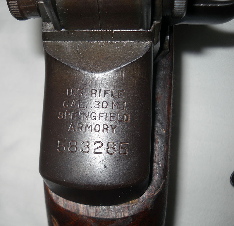 detail, M1 receiver rear markings: U.S. RIFLE CAL. .30 M1 SPRINGFIELD ARMORY
